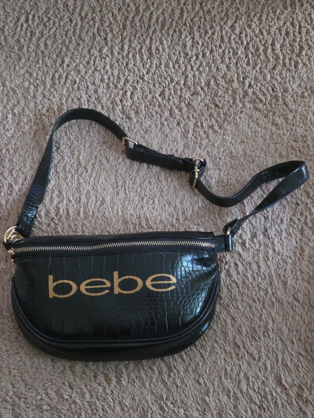 Bebe Black Croc-Embossed Waist body bag with Gold Logo